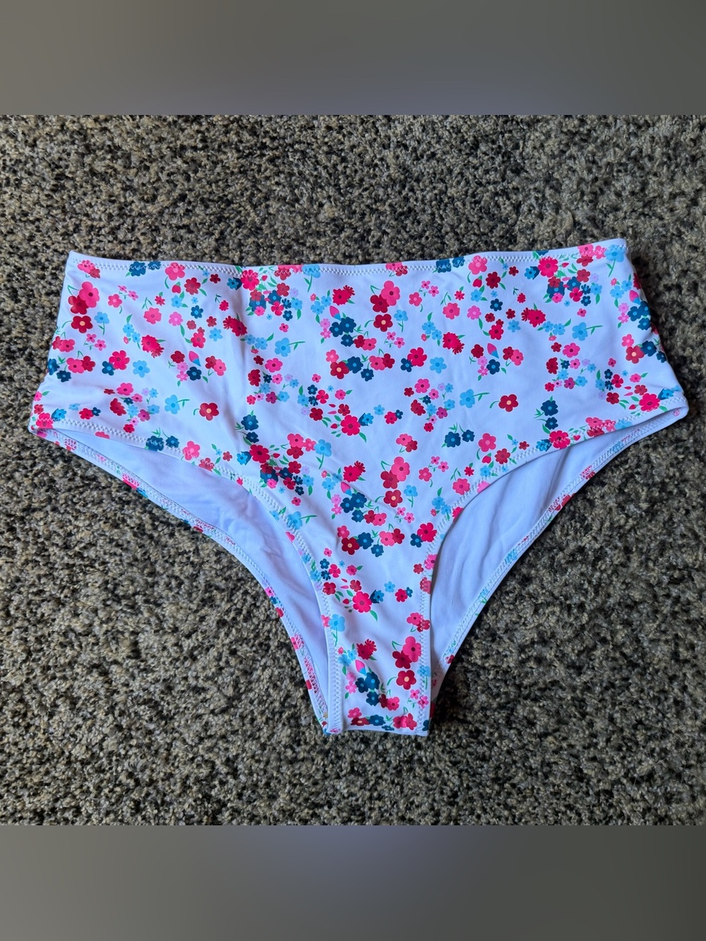 Beachsissi Floral High-Waist Bikini Bottoms - White with Pink & Blue Flowers